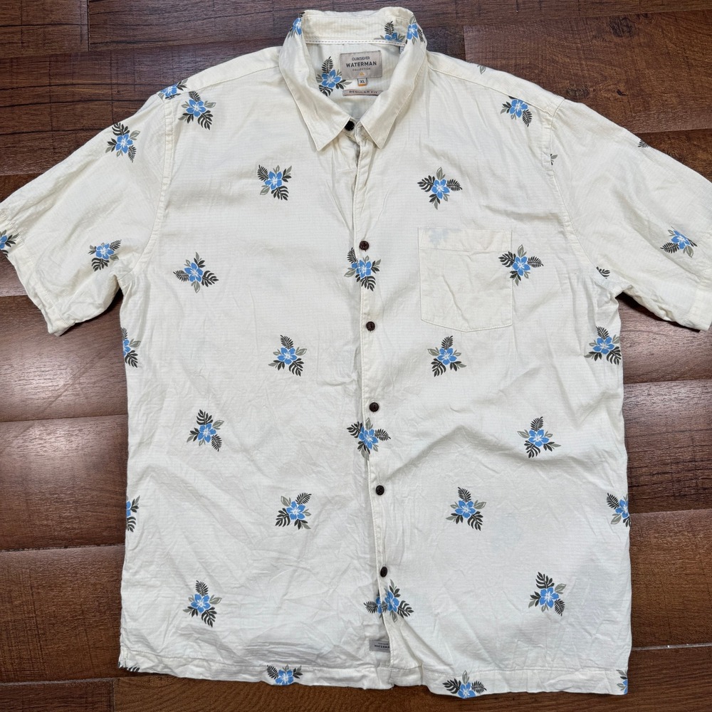 Quiksilver Waterman Shirt Mens XL Off-White Floral Short Sleeve Regular Fit Slub